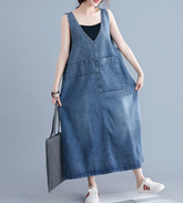 Vestido vintage de mezclilla azul con cuello en V y patchwork sin mangas